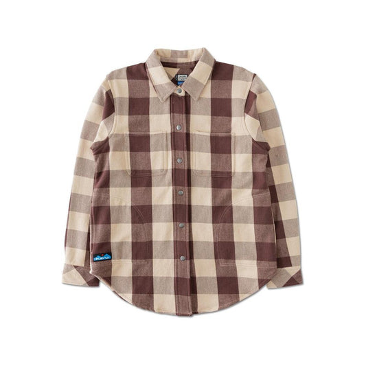 A front view of the Kavu Women's Wren in Plateau Trail showing the plaid pattern and chest pocket against a white background.