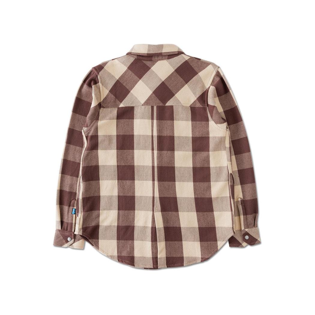 Back view of the Kavu Women's Wren in Plateau Trail showing the plaid pattern and buttoned cuffs against a white background.