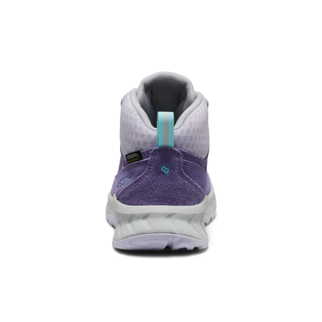 Back view of the Keen Big Kids' Hightrail Waterproof Hiking Boot in Purple Haze/Thistle with a white midsole and light blue pull tab against a white background.