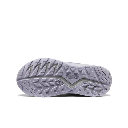 The sole of the Keen Big Kids' Hightrail Waterproof Hiking Boot in Purple Haze/Thistle is shown from below against a white background.