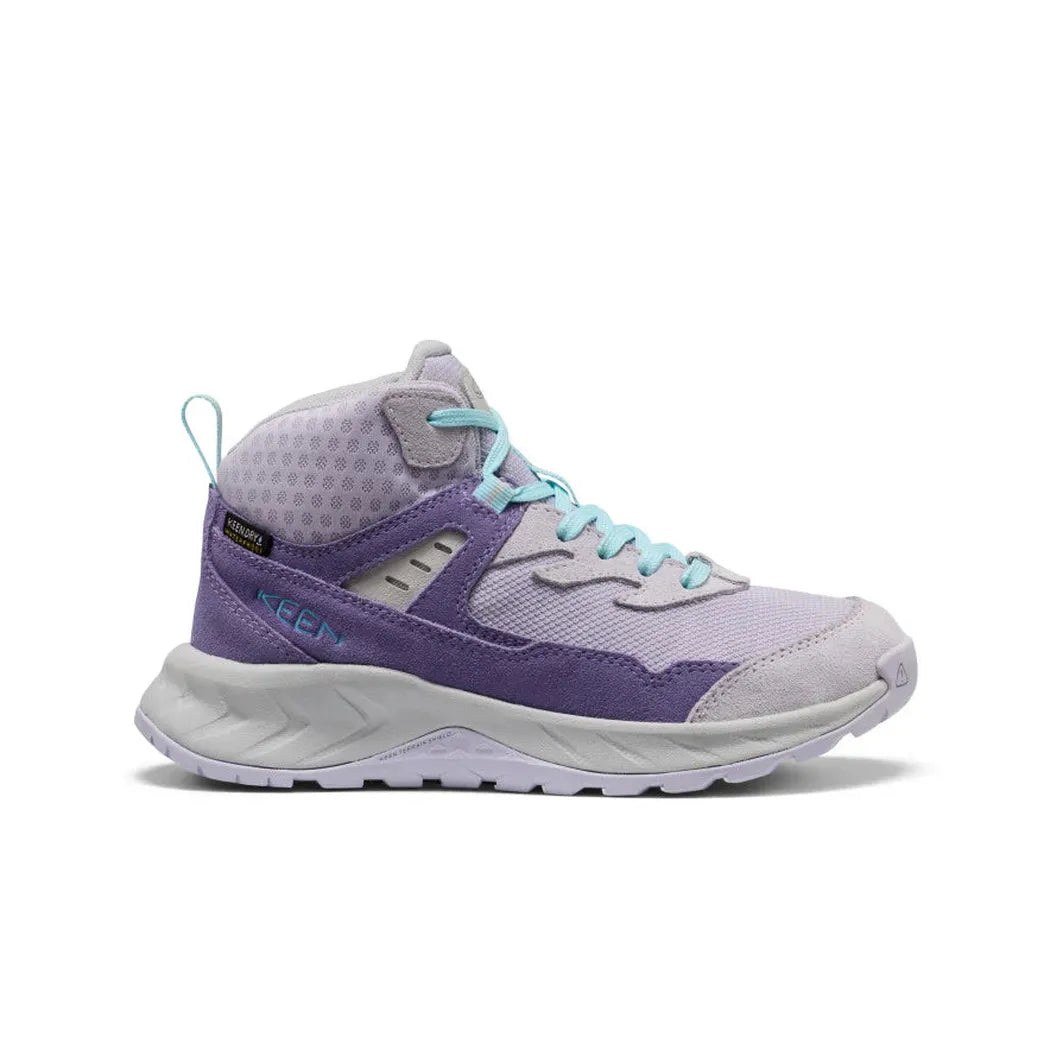 Side view of the Keen Big Kids' Hightrail Waterproof Hiking Boot in Purple Haze/Thistle with light blue laces against a white background.