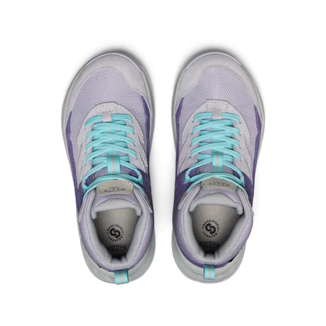 Top view of the Keen Big Kids' Hightrail Waterproof Hiking Boot in Purple Haze/Thistle showing the laces and tongue against a white background.