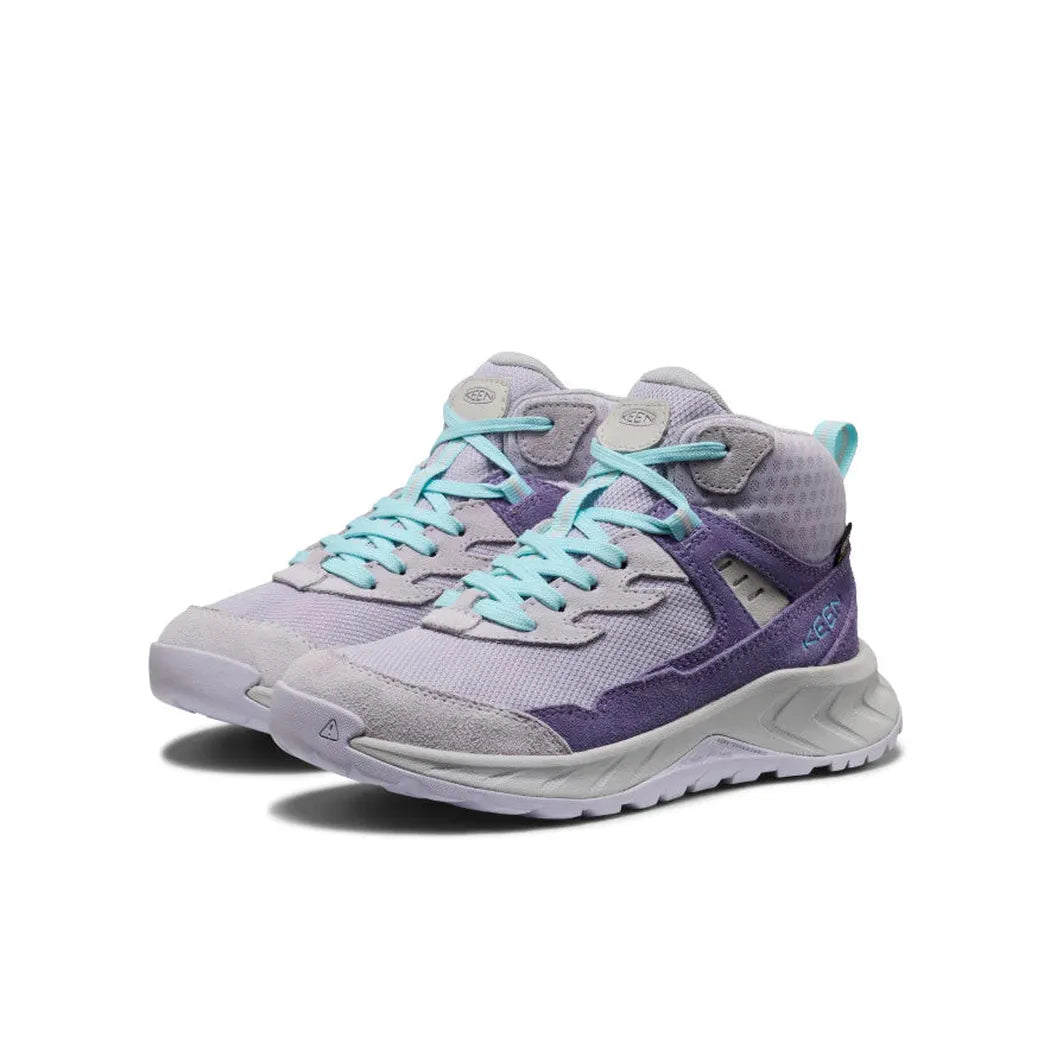 Side view of the Keen Big Kids' Hightrail Waterproof Hiking Boot in Purple Haze/Thistle with light blue laces and a white background.
