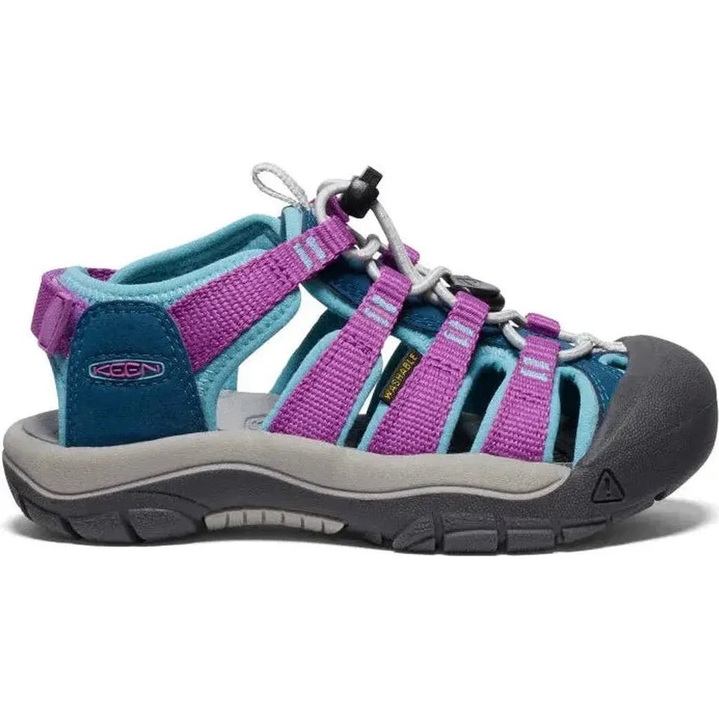 Side view of the Keen Child's Newport Boundless in Legion Blue/Willowherb showing the lugged outsole against a white background.