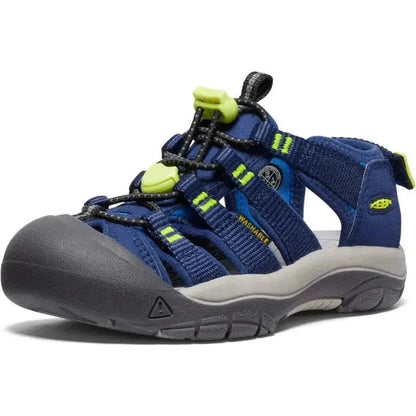 Side view of the Keen Child's Newport Boundless in Legion Blue/Willowherb showing the lugged outsole against a white background.