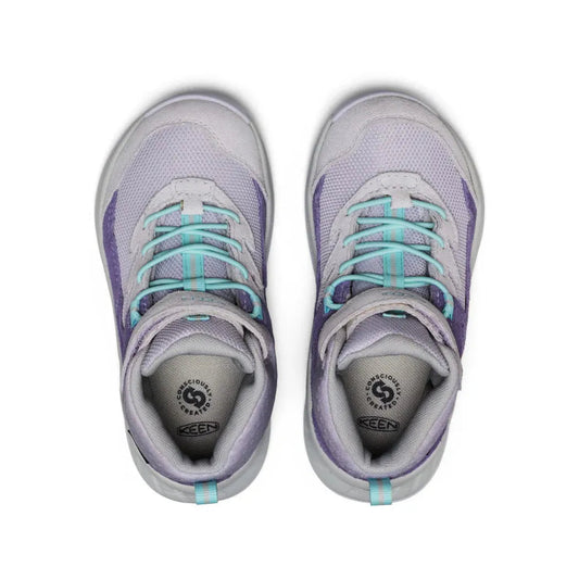 Top view of the Keen Little Kids' Hightrail Waterproof Hiking Boot in Purple Haze/Thistle showing the laces and hook-and-loop straps against a white background.