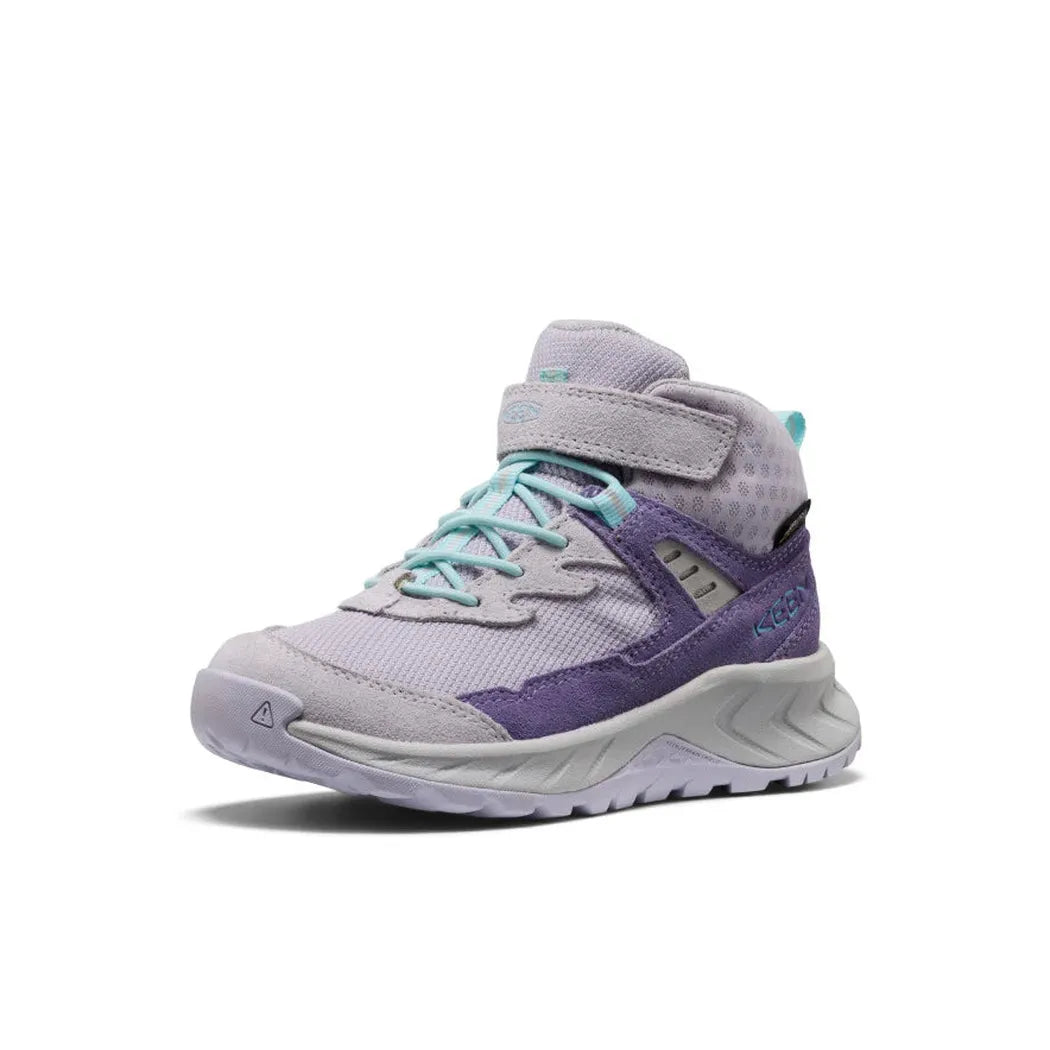 A front view of the Keen Little Kids' Hightrail Waterproof Hiking Boot in Purple Haze/Thistle with a hook-and-loop strap and light blue laces against a white background.