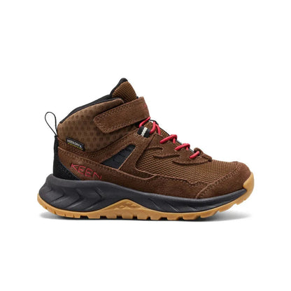 Side view of the Keen Little Kids' Hightrail Waterproof Hiking Boot in Dark Earth/Garnet with red laces and a black midsole against a white background.