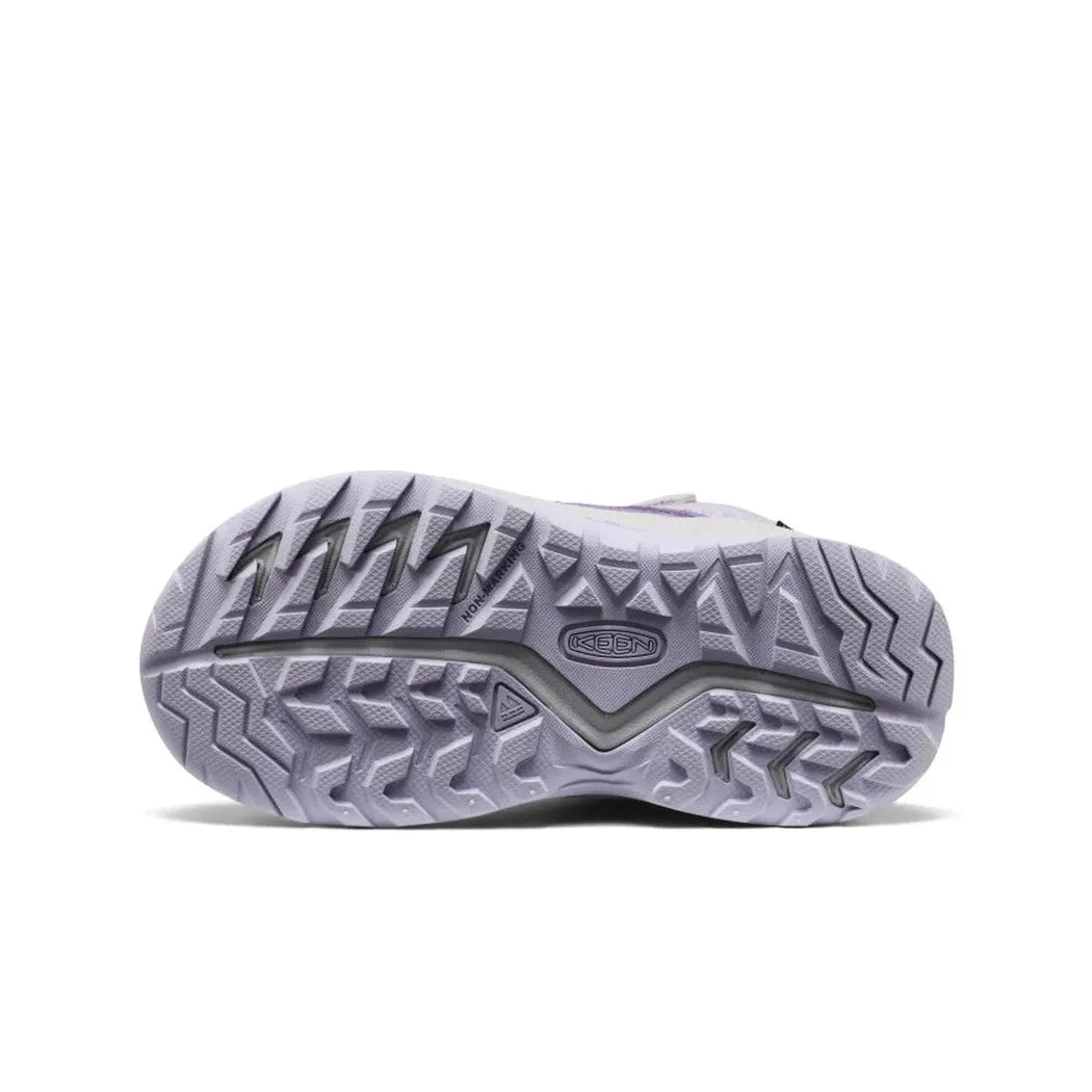 The sole of the Keen Little Kids' Hightrail Waterproof Hiking Boot in Purple Haze/Thistle is shown from below, with a white background.