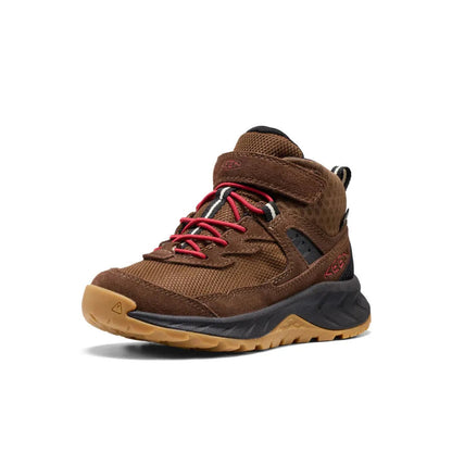 A front view of the Keen Little Kids' Hightrail Waterproof Hiking Boot in Dark Earth/Garnet with red laces and a black outsole against a white background.