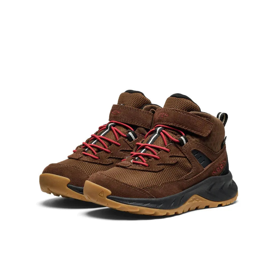 Side view of the Keen Little Kids' Hightrail Waterproof Hiking Boot in Dark Earth/Garnet showing the red laces and velcro strap against a white background.