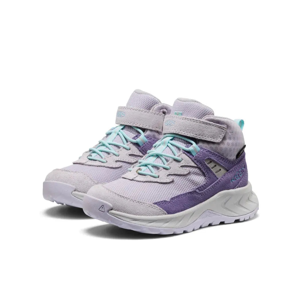 Side view of the Keen Little Kids' Hightrail Waterproof Hiking Boot in Purple Haze/Thistle showing the hook-and-loop strap and white background.