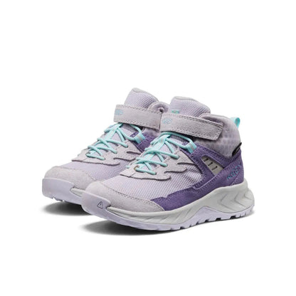 Side view of the Keen Little Kids' Hightrail Waterproof Hiking Boot in Purple Haze/Thistle showing the hook-and-loop strap and white background.