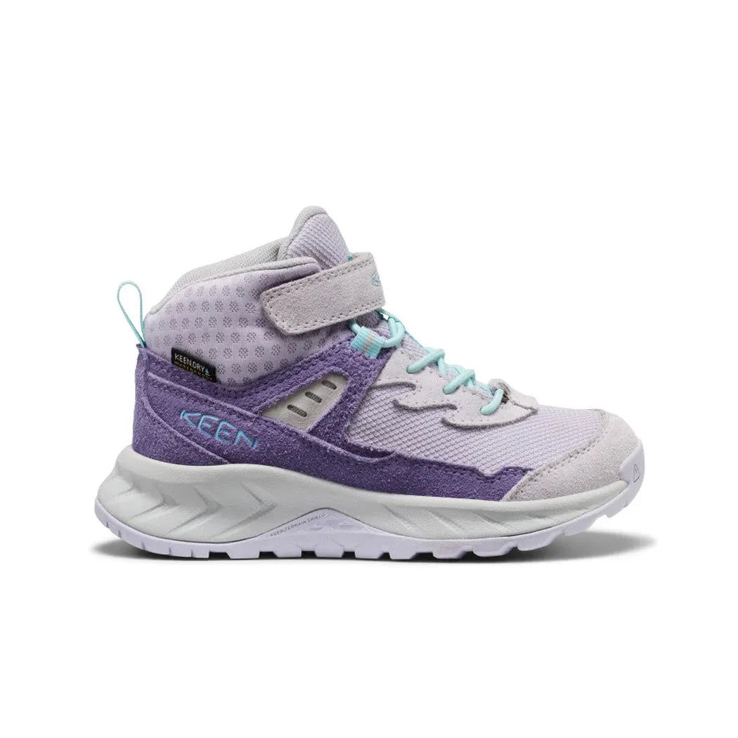 Side view of the Keen Little Kids' Hightrail Waterproof Hiking Boot in Purple Haze/Thistle showing the hook-and-loop strap and white lugged outsole against a white background.