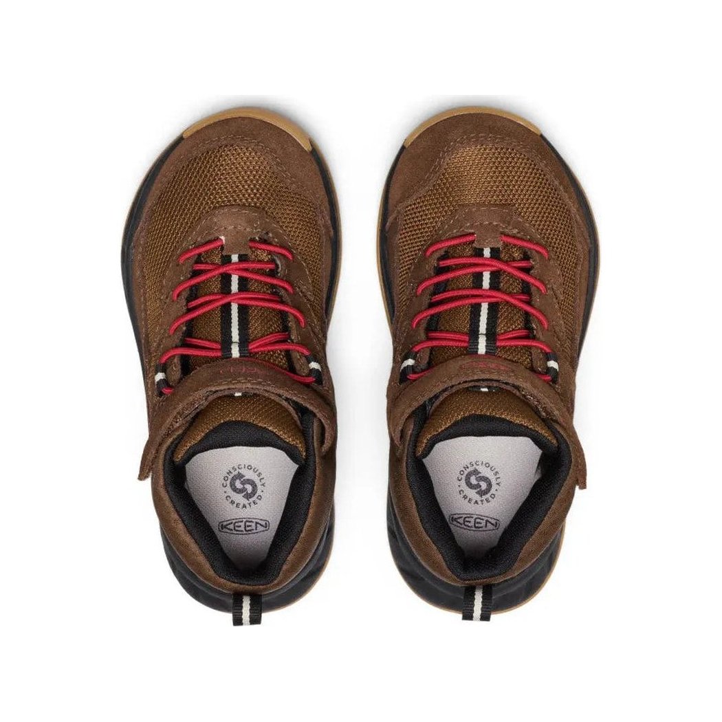 Top view of the Keen Little Kids' Hightrail Waterproof Hiking Boot in Dark Earth/Garnet showing red laces and a white background.