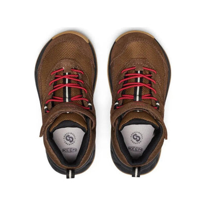 Top view of the Keen Little Kids' Hightrail Waterproof Hiking Boot in Dark Earth/Garnet showing red laces and a white background.