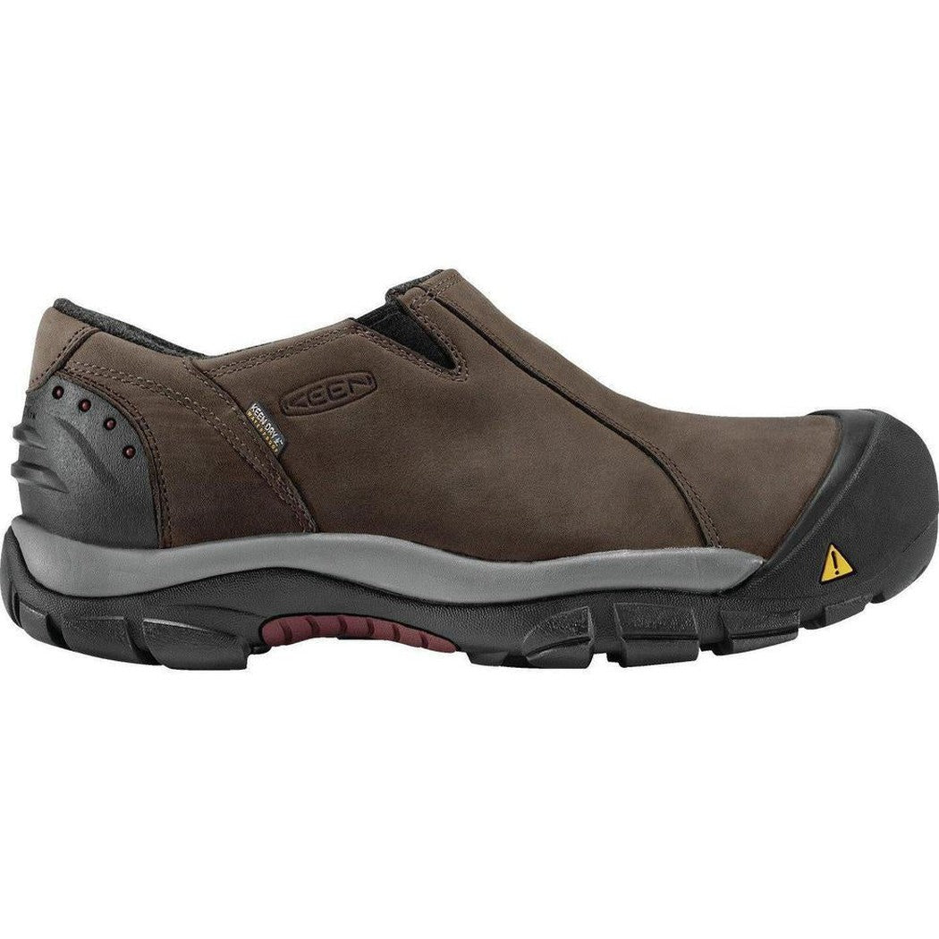 Side view of the Keen Men's Brixen Waterproof Low in Slate Black/Madder Brown showing the slip-on design and rugged outsole against a white background.