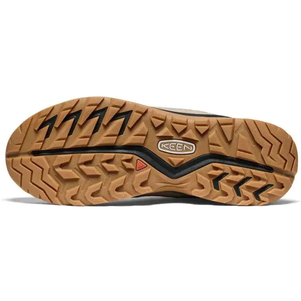 The sole of a Keen Men's Hightrail Mid WP boot in Brindle/Oak Buff, showing the lugged tread pattern from a bottom-up angle against a white background.