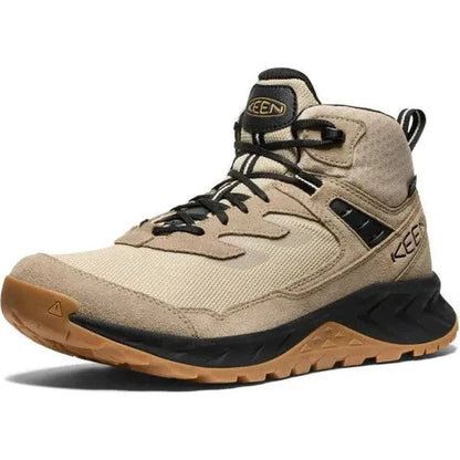 Side view of the Keen Men's Hightrail Mid WP in Brindle/Oak Buff showing the lugged outsole against a white background.