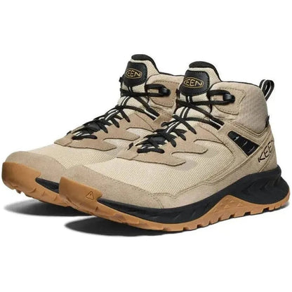 A front view of the Keen Men's Hightrail Mid WP in Brindle/Oak Buff with black accents and a gum-colored outsole against a white background.