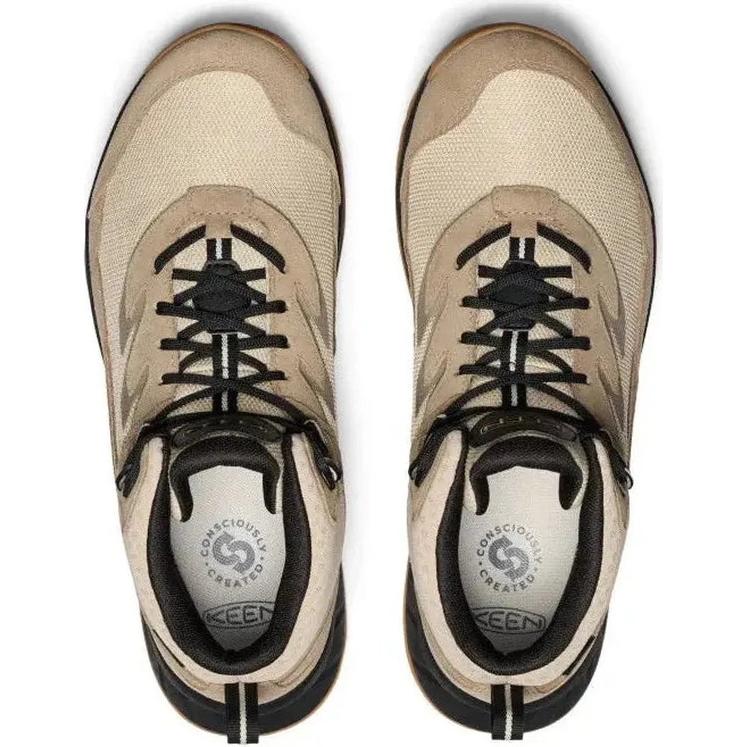 Top view of the Keen Men's Hightrail Mid WP in Brindle/Oak Buff showing the laces and tongue branding against a white background.
