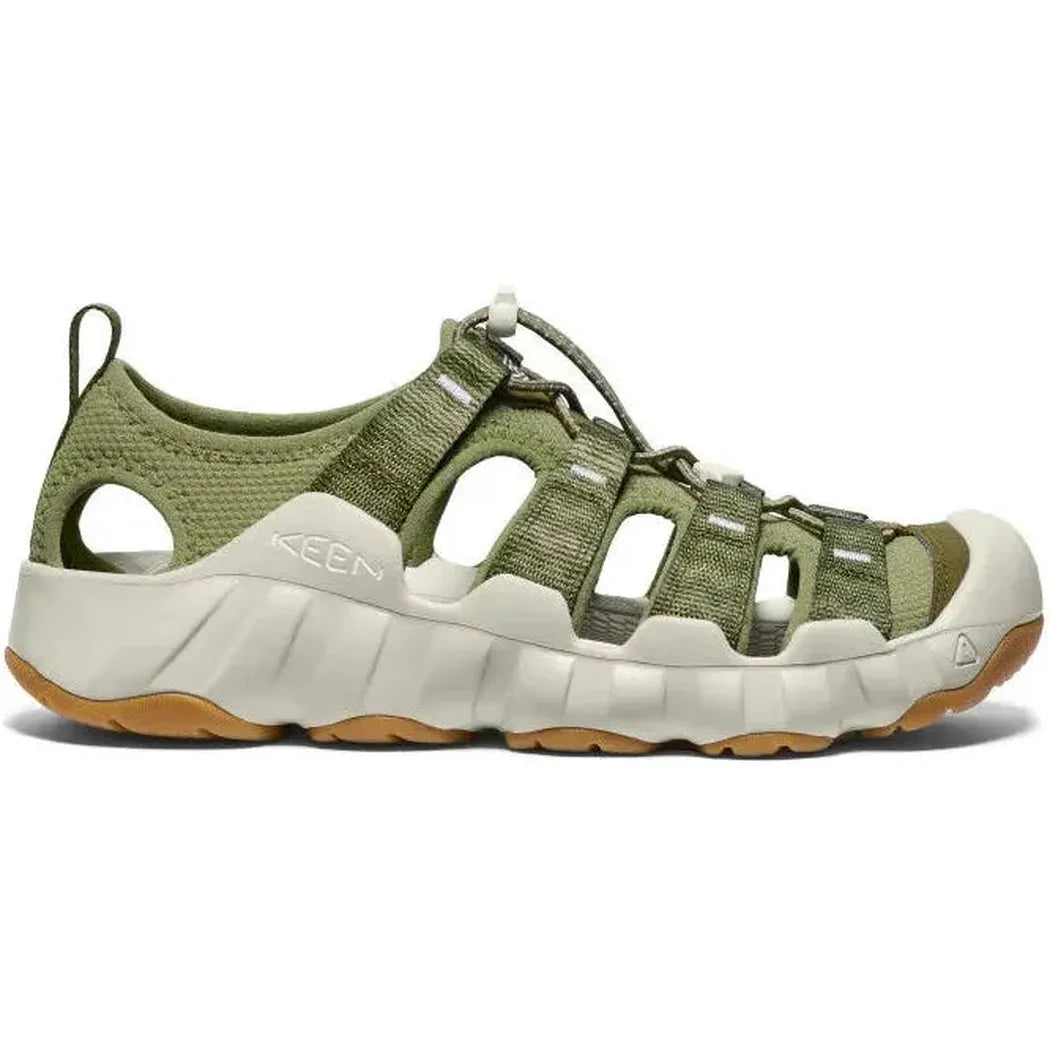 Side view of the Keen Men's Hyperport H2 in Martini Olive/Plaza Taupe showing the open-toe design and white midsole against a white background.
