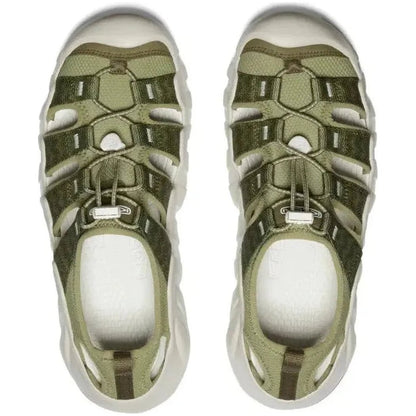 Top view of the Keen Men's Hyperport H2 sandals in Martini Olive/Plaza Taupe showing the mesh straps and white outsole.