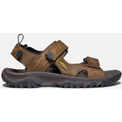 Side view of the Keen Men's Targhee III Open Toe Sandal in Bison/Mulch showing the adjustable straps and rugged outsole against a white background.