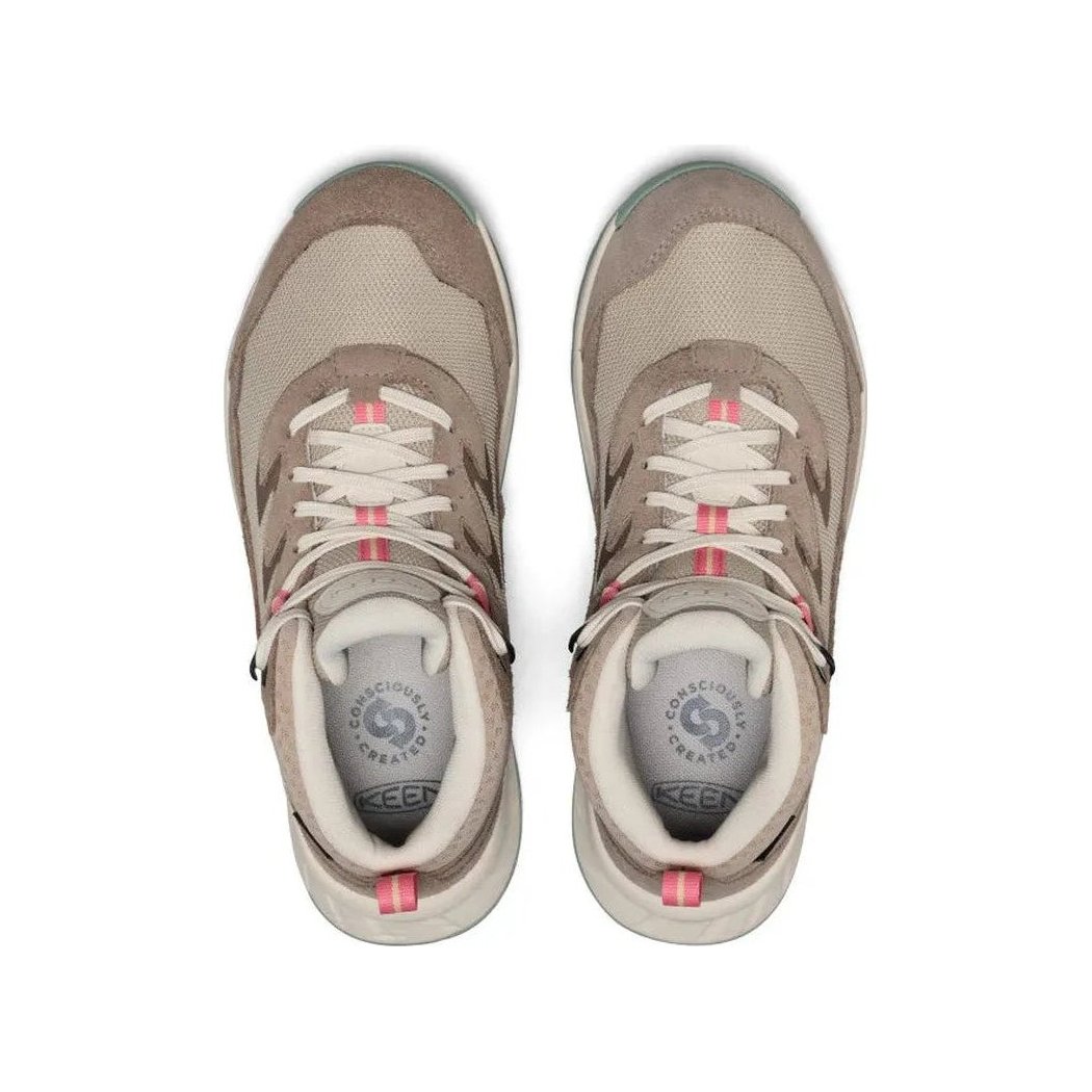 Top view of the Keen Women's Hightrail Waterproof Hiking Boot in Brindle/Pink Lemonade showing the tongue logo and laces against a white background.