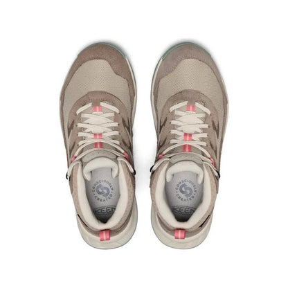 Top view of the Keen Women's Hightrail Waterproof Hiking Boot in Brindle/Pink Lemonade showing the tongue logo and laces against a white background.