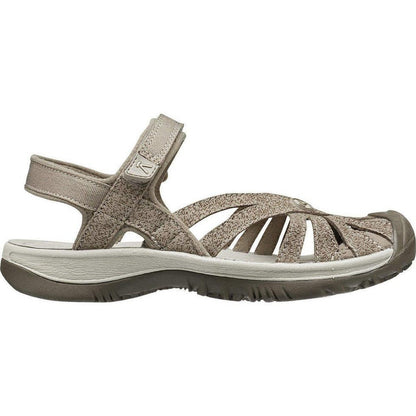 Side view of the Keen Women's Rose Sandal in Brindle/Shitake showing the adjustable strap and textured upper against a white background.