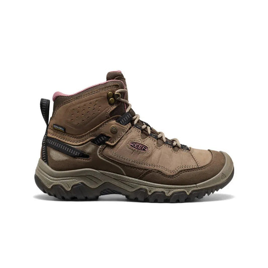 Side view of the Keen Women's Targhee IV Waterproof Hiking Boot in Brindle/Nostalgia Rose showing the lugged outsole against a white background.