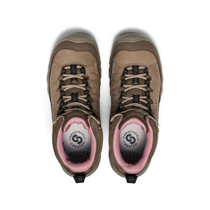 Top view of the Keen Women's Targhee IV Waterproof Hiking Boot in Brindle/Nostalgia Rose showing the tongue label and lacing system against a white background.
