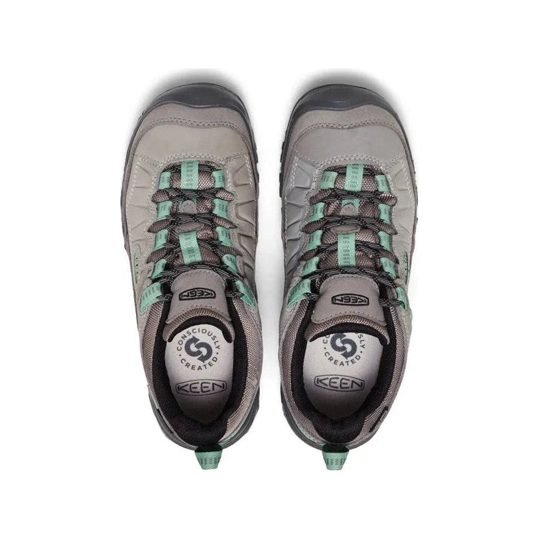 Top view of the Keen Women's Targhee IV Waterproof Hiking Shoe in Alloy/Granite Green showing the laces and tongue branding against a white background.