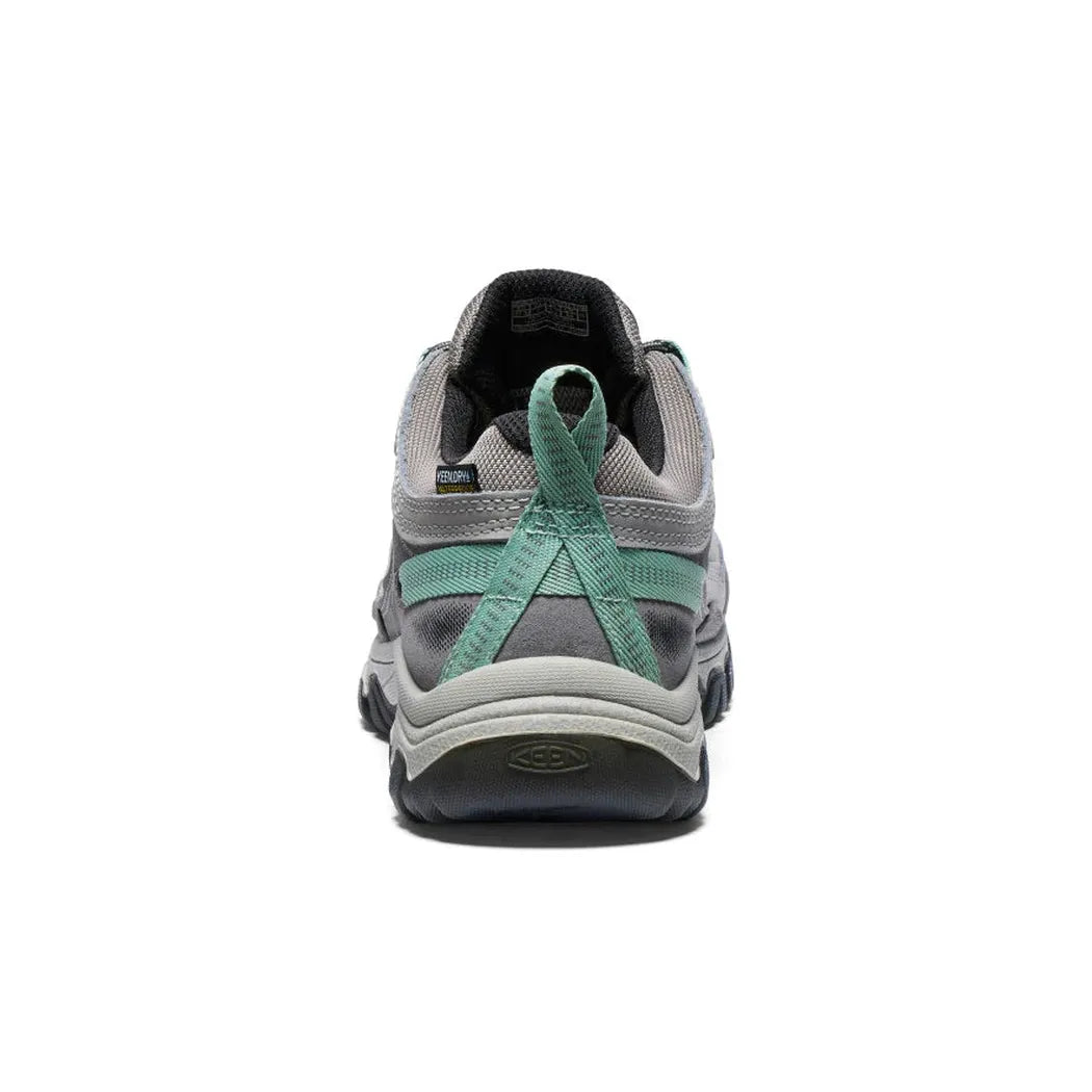 Back view of the Keen Women's Targhee IV Waterproof Hiking Shoe in Alloy/Granite Green showing the heel strap and white background.