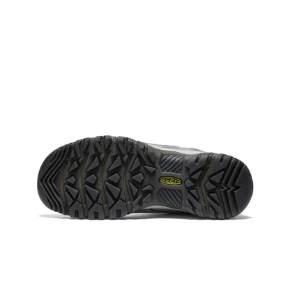 The sole of the Keen Women's Targhee IV Waterproof Hiking Shoe in Alloy/Granite Green is shown from below against a white background.
