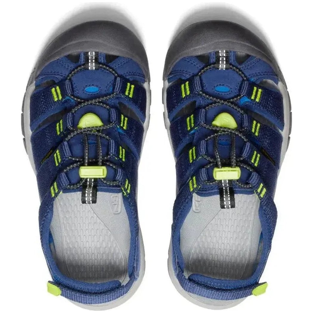 Top view of the Keen Youth's Newport Boundless in Legion Blue/Willowherb showing the lacing system and interior against a white background.