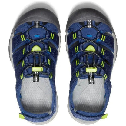 Top view of the Keen Youth's Newport Boundless in Legion Blue/Willowherb showing the lacing system and interior against a white background.