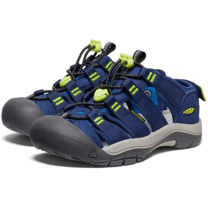 Side view of the Keen Youth's Newport Boundless in Legion Blue/Willowherb showing the lugged outsole against a white background.