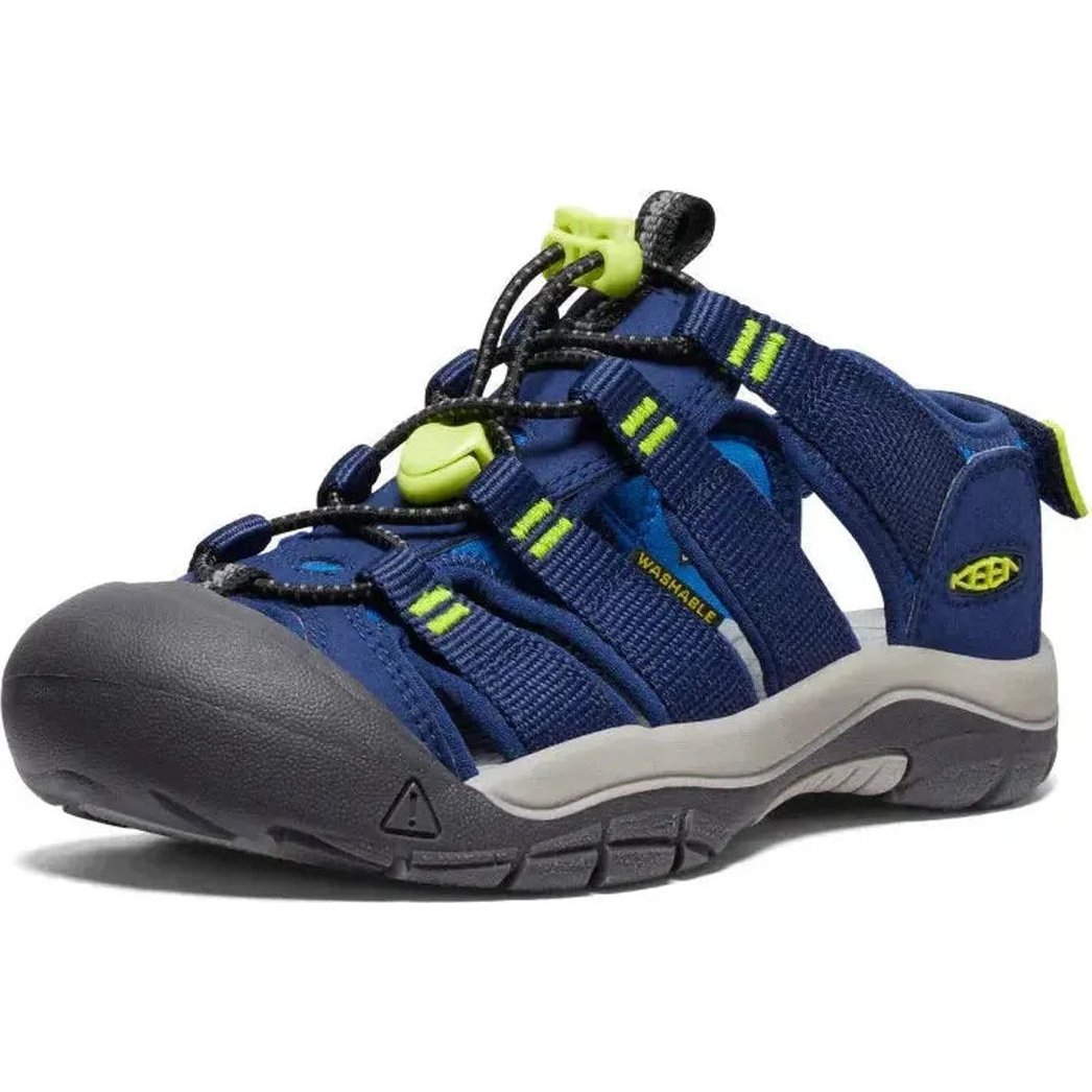 A side view of the Keen Youth's Newport Boundless in Legion Blue/Willowherb showing the lugged outsole against a white background.