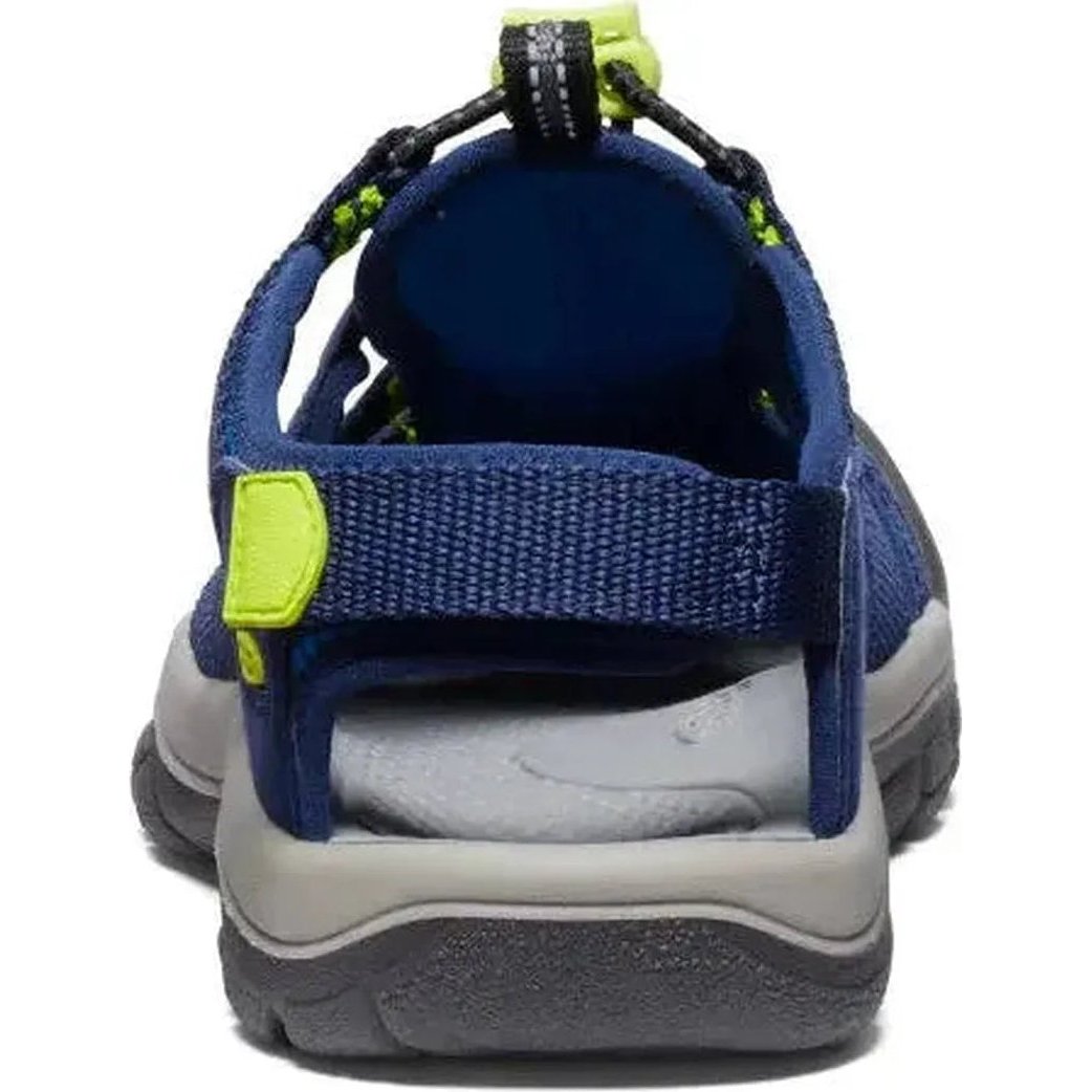 Back view of the Keen Youth's Newport Boundless in Legion Blue/Willowherb showing the adjustable strap and gray sole against a white background.