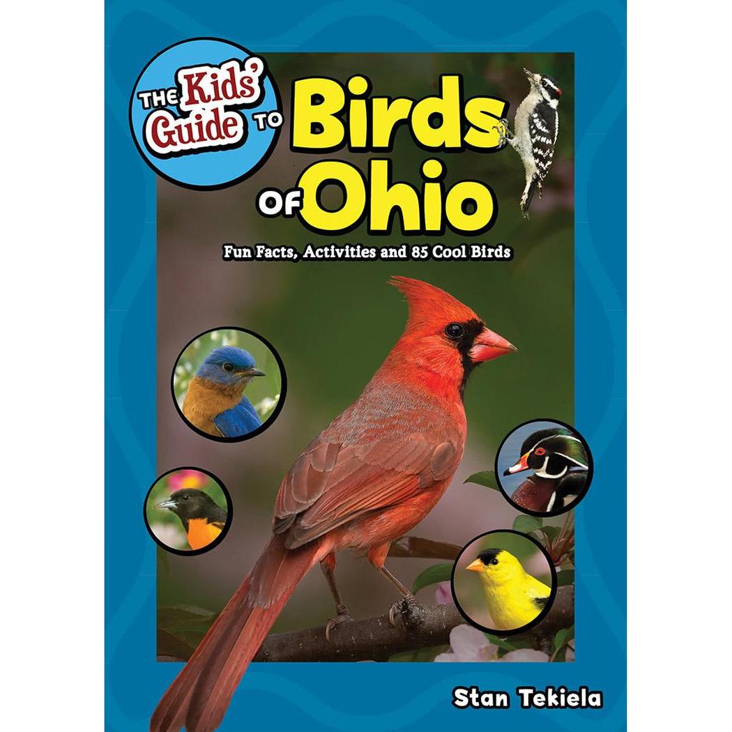The Kids' Guide to Birds of Ohio book cover shows a red cardinal and other bird images on a blue background.
