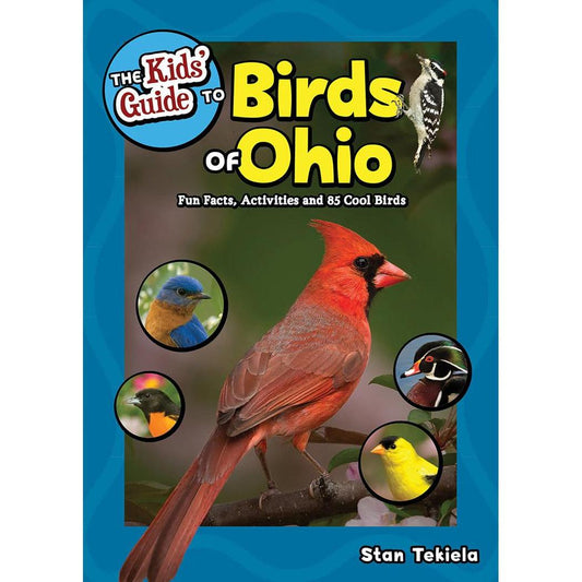 The Kids' Guide to Birds of Ohio book cover shows a red cardinal and other bird images on a blue background.
