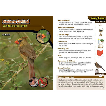 A photo of the "Kids' Guide to Birds of Ohio" book showing the Northern Cardinal page with a female cardinal image and text details.