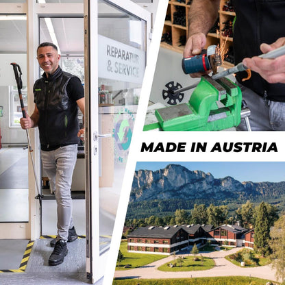 A man in a black vest and gray pants stands by a "REPARATIV & SERVICE" door holding Komperdell Carbon PRO ZERO Compact trekking poles, with a mountain resort and "MADE IN AUSTRIA" text below.