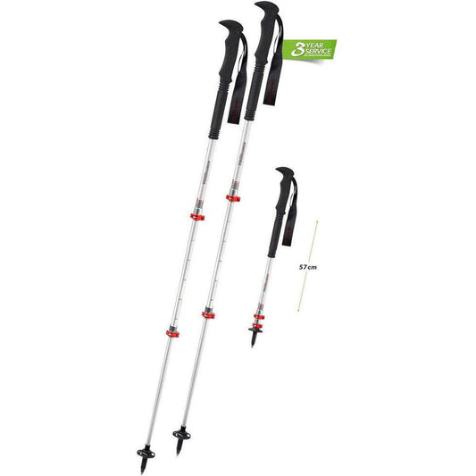 Two Komperdell Explorer Compact Powerlock trekking poles with black handles and red accents, one extended and one folded to 57cm, against a white background with a 3 year service tag.