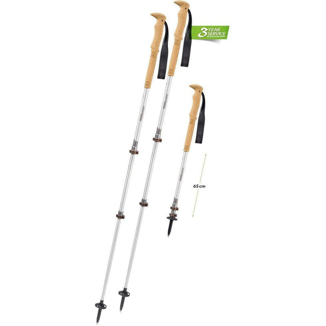 Two Komperdell Explorer Contour Cork trekking poles with cork handles and adjustable sections, one shorter at 65 cm, against a white background with a 3 Year Service label.