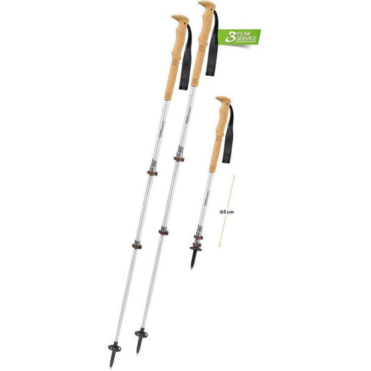 Two Komperdell Explorer Contour Cork trekking poles with cork handles and adjustable sections, one shorter at 65 cm, against a white background with a 3 Year Service label.