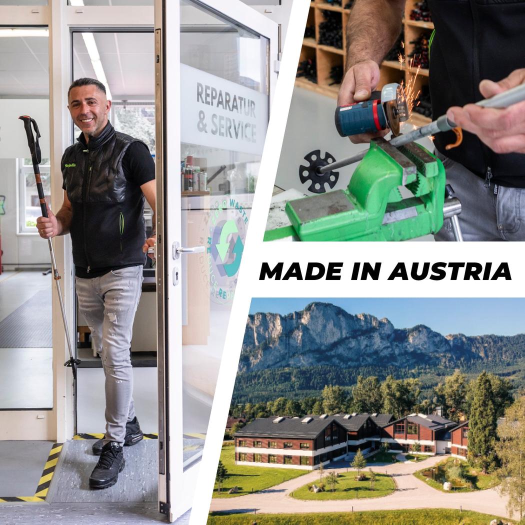 A man in a black vest stands by a "REPARATUR & SERVICE" door holding a Komperdell Explorer Zero Cork trekking pole, with a "MADE IN AUSTRIA" mountain scene below.