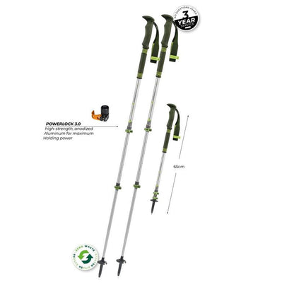 Two Komperdell Explorer Zero trekking poles with Powerlock 3.0 feature and 65cm length shown against a white background.